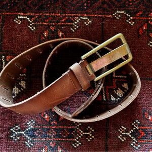 Free People: Brown Leather Belt with Brass Buckle